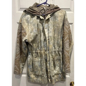 Free People Parka/Anorak Tie Dye‎ Hooded Cowl Neck Embroidered XS Jacket
